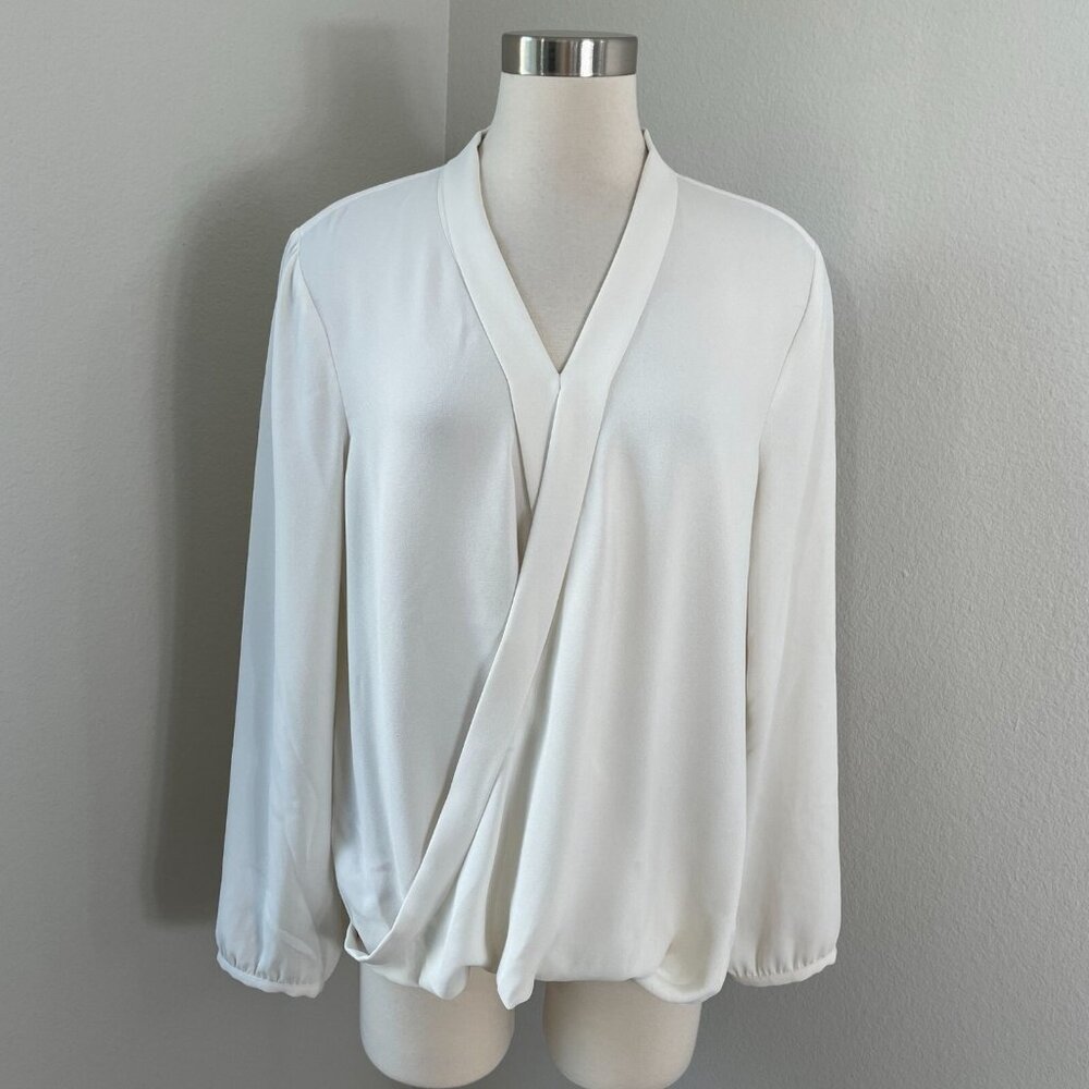 J Jill Womens Large Ivory Wrap Style Long Sleeve Blouse‎ V Neck Shirt Top